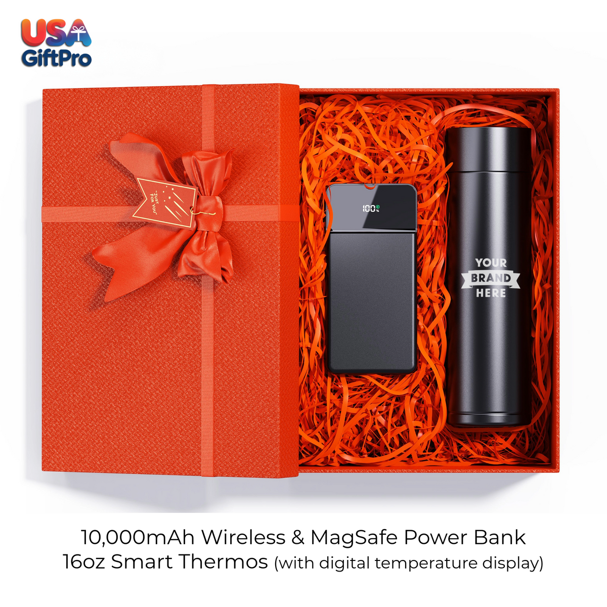 Corporate Customizable Gift Box – Includes 10,000mAh Wireless MagSafe Power Bank & 16oz Smart Thermos GB-9