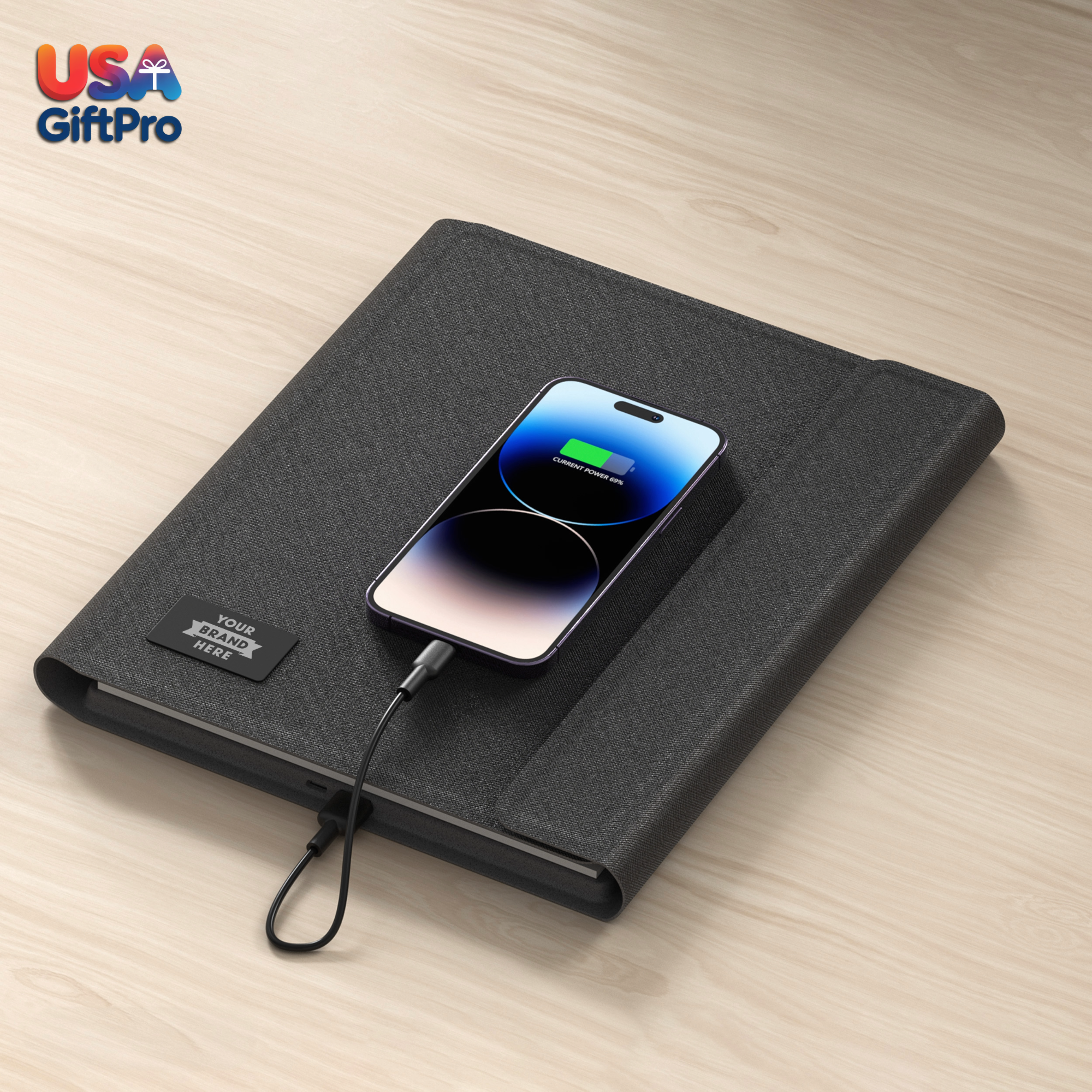 Customizable Portfolio Charger Notebook – Light-Up Charger, 3-in-1 Cable & Premium Pen