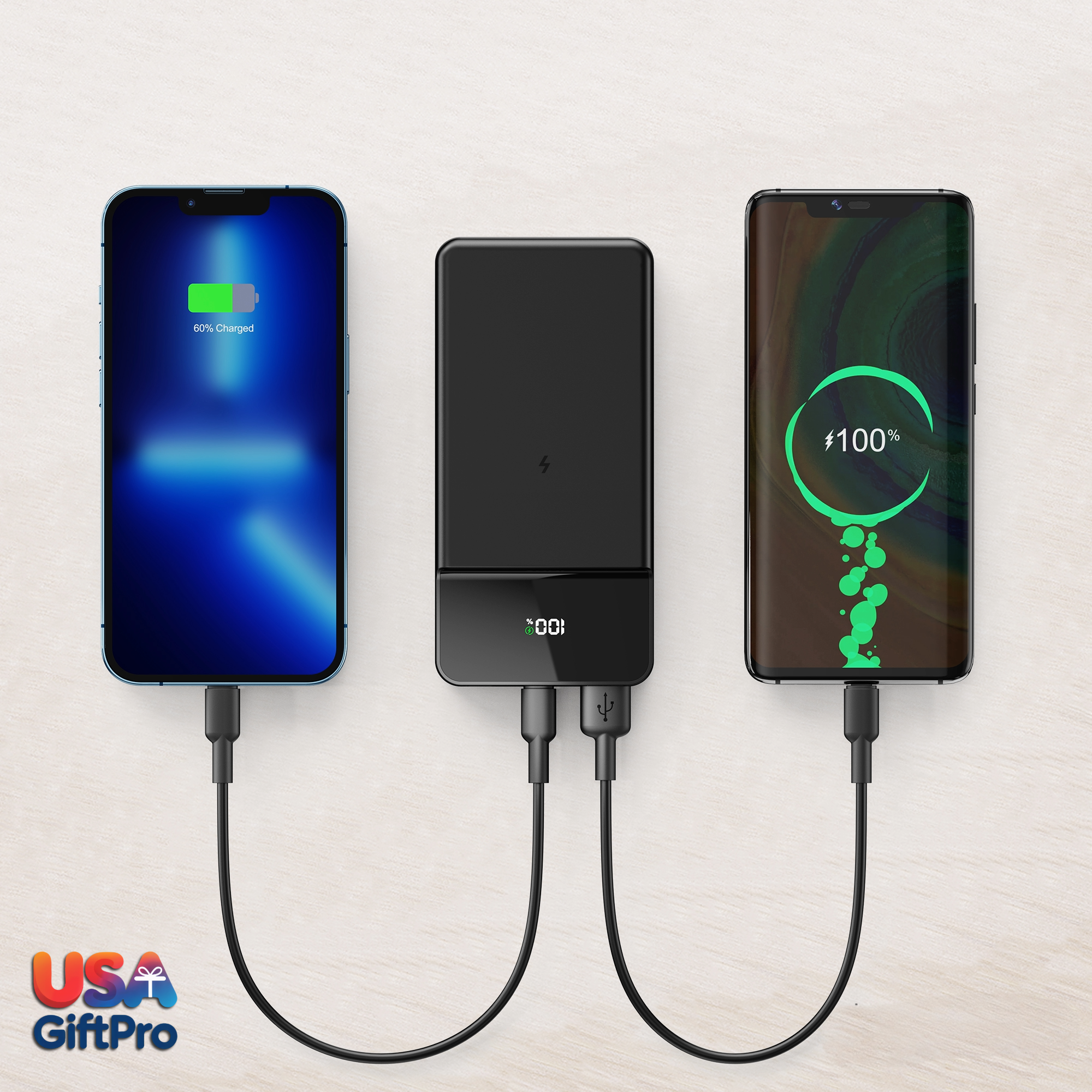 Corporate Customizable Gift Box – Includes 16oz Smart Thermos, 10,000 mAh Power Bank, USB-C Wall Charger & 3-in-1 Charging Cable GB-25