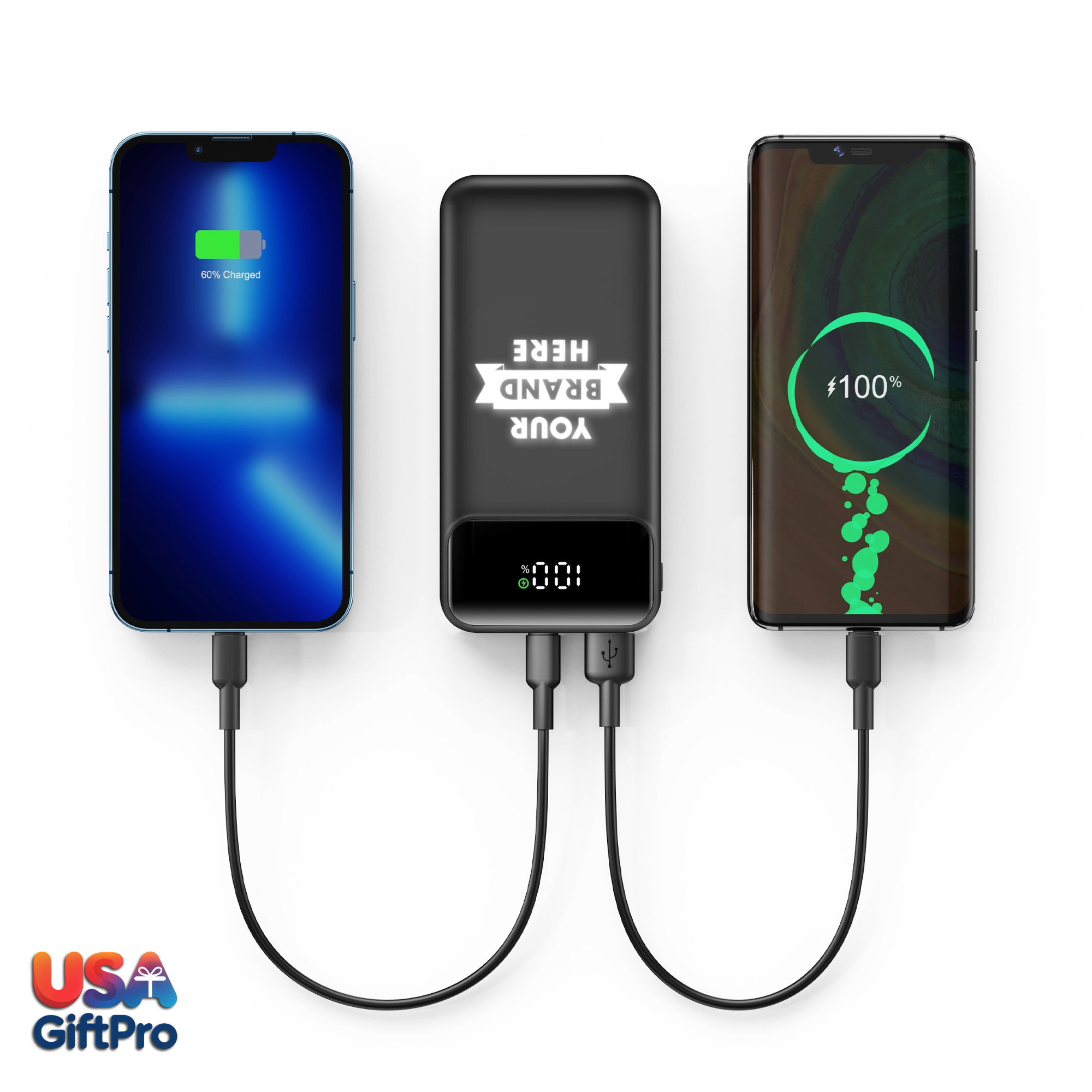 Customizable Black 10,000mAh Portable Charger – Built-in USB-C & iOS Cables, 22.5W PD Fast Charging