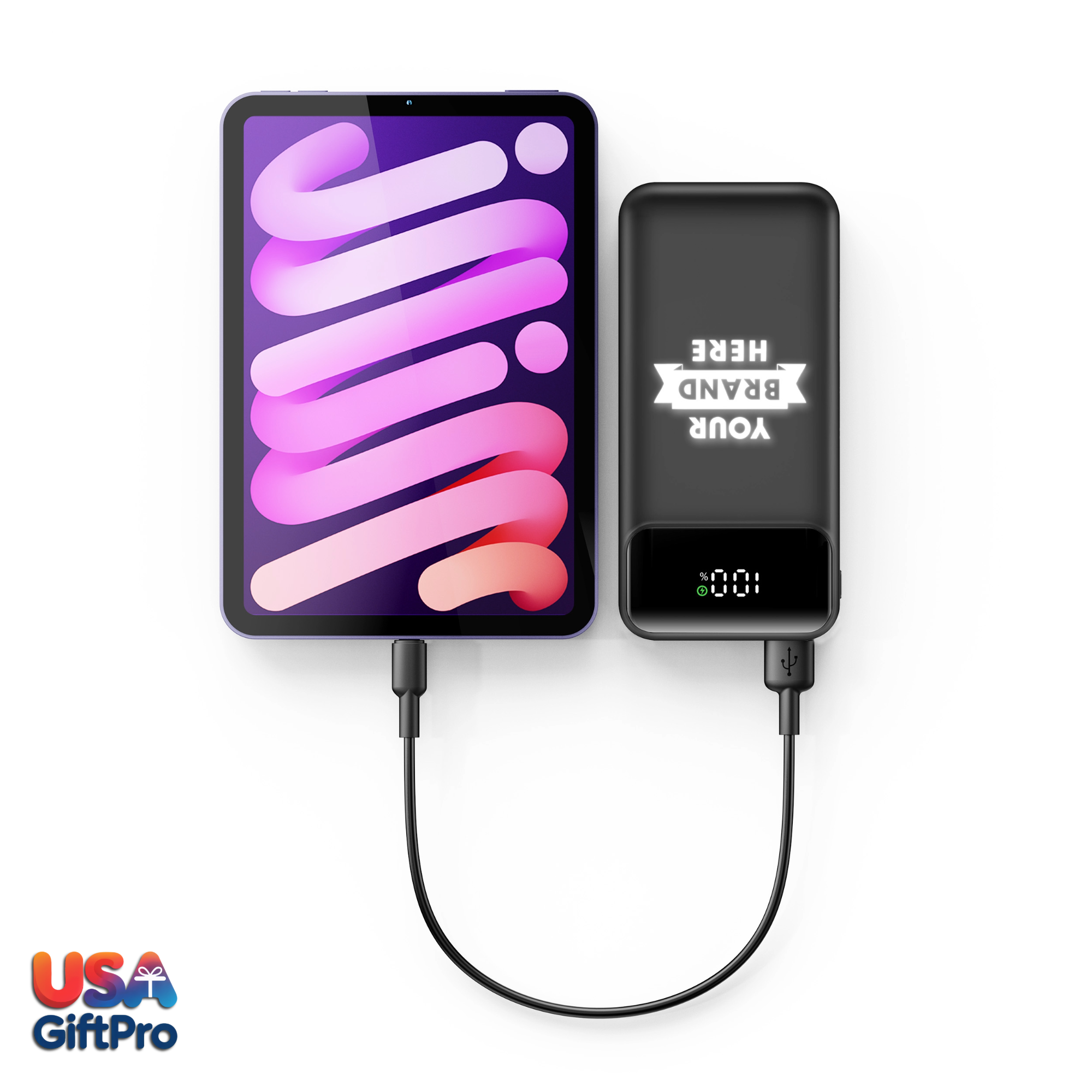 Customizable Black 10,000mAh Portable Charger – Built-in USB-C & iOS Cables, 22.5W PD Fast Charging