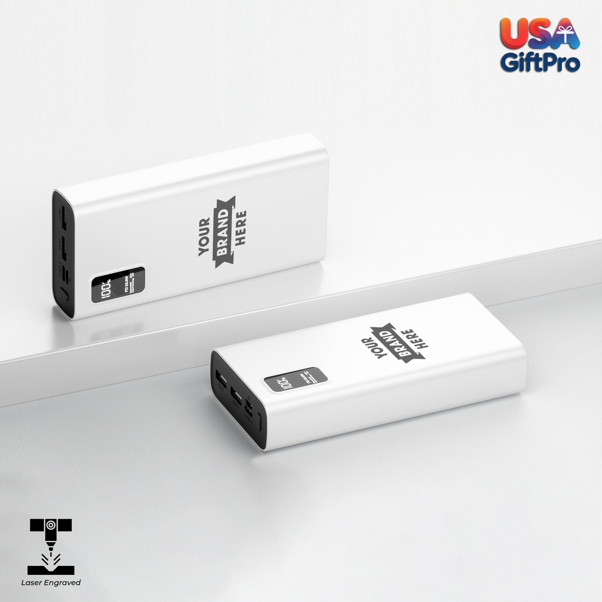 Customizable White 20,000mAh Portable Charger – LCD Display, Dual USB-A & USB-C Output, 22.5W PD Fast Charging