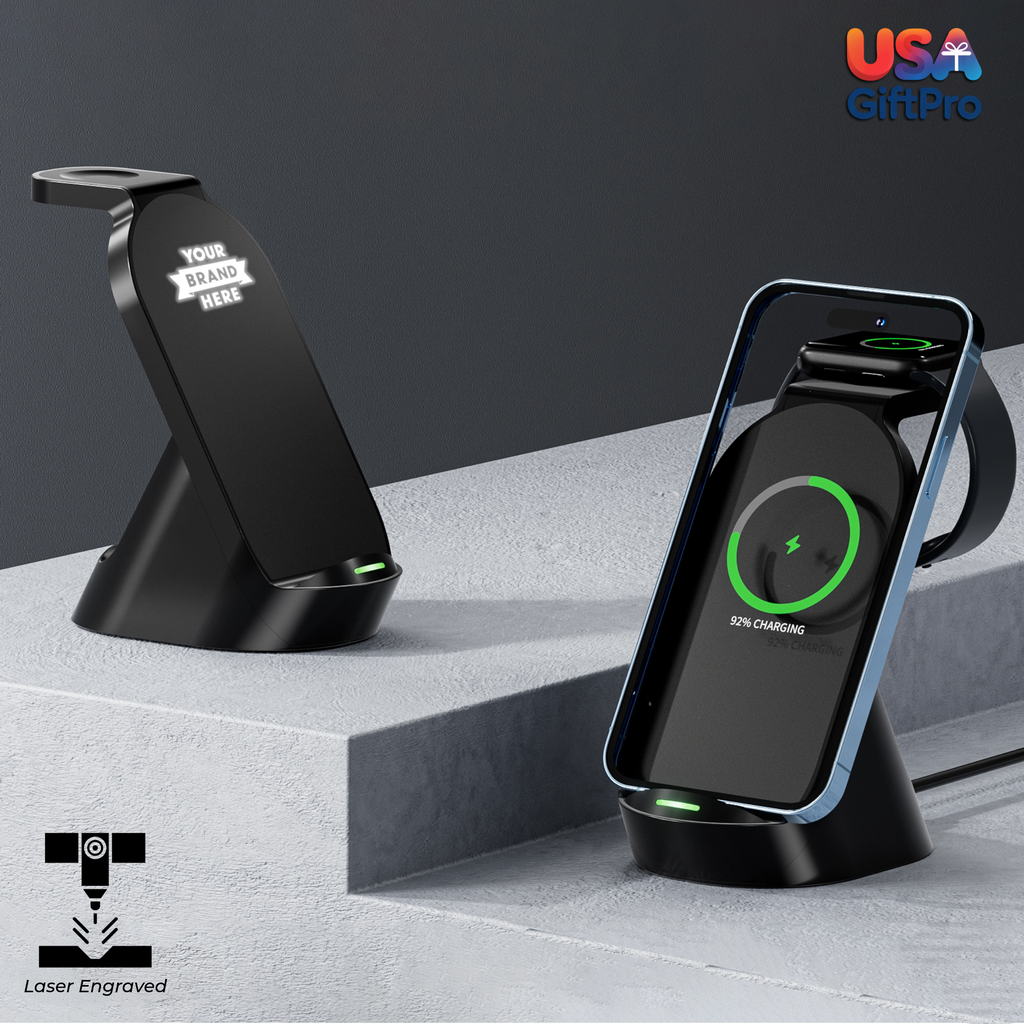 Customizable 15W 3-in-1 Wireless Charging Dock – Laser Engraved, Vertical & Horizontal Compatible