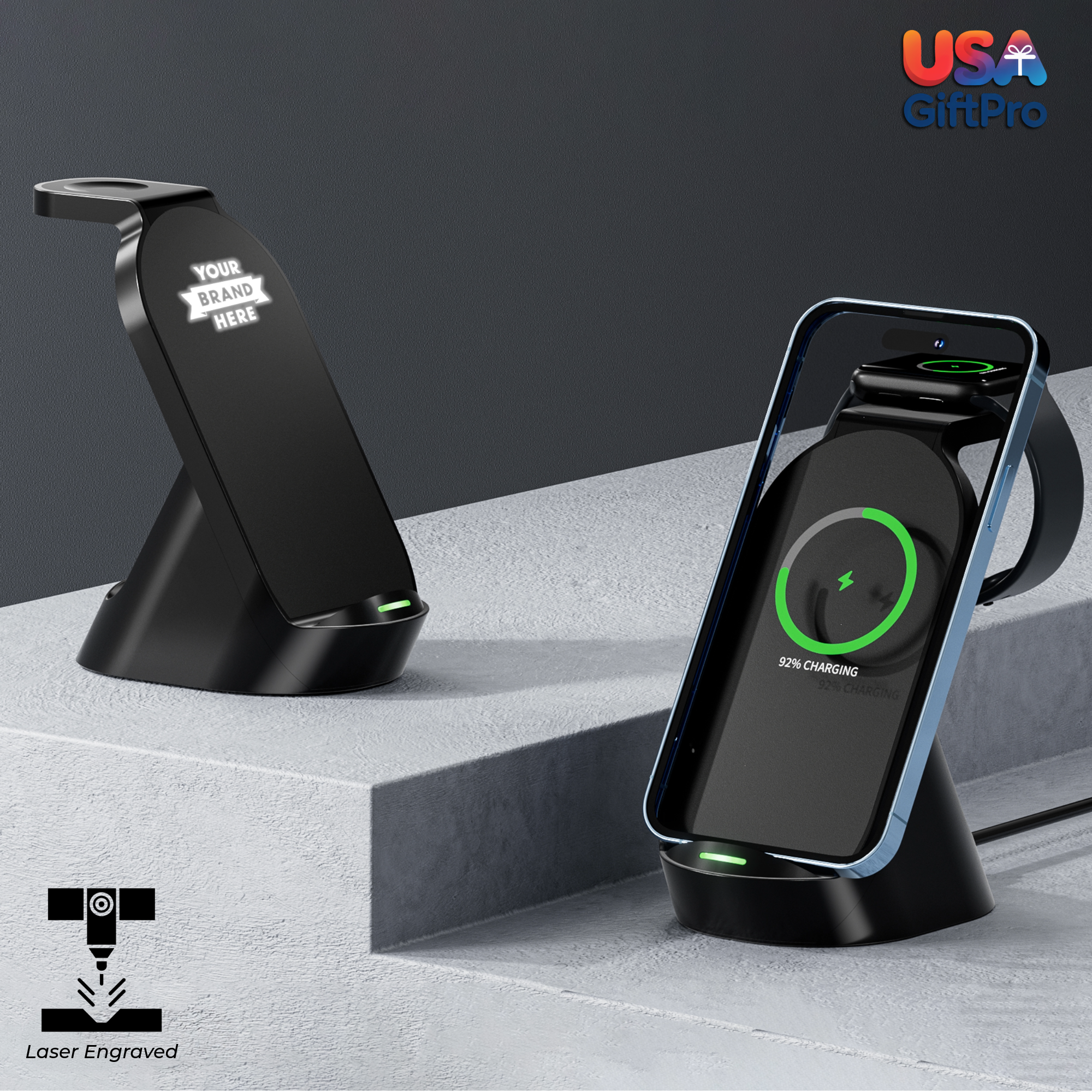 Customizable 15W 3-in-1 Wireless Charging Dock – Laser Engraved, Vertical & Horizontal Compatible