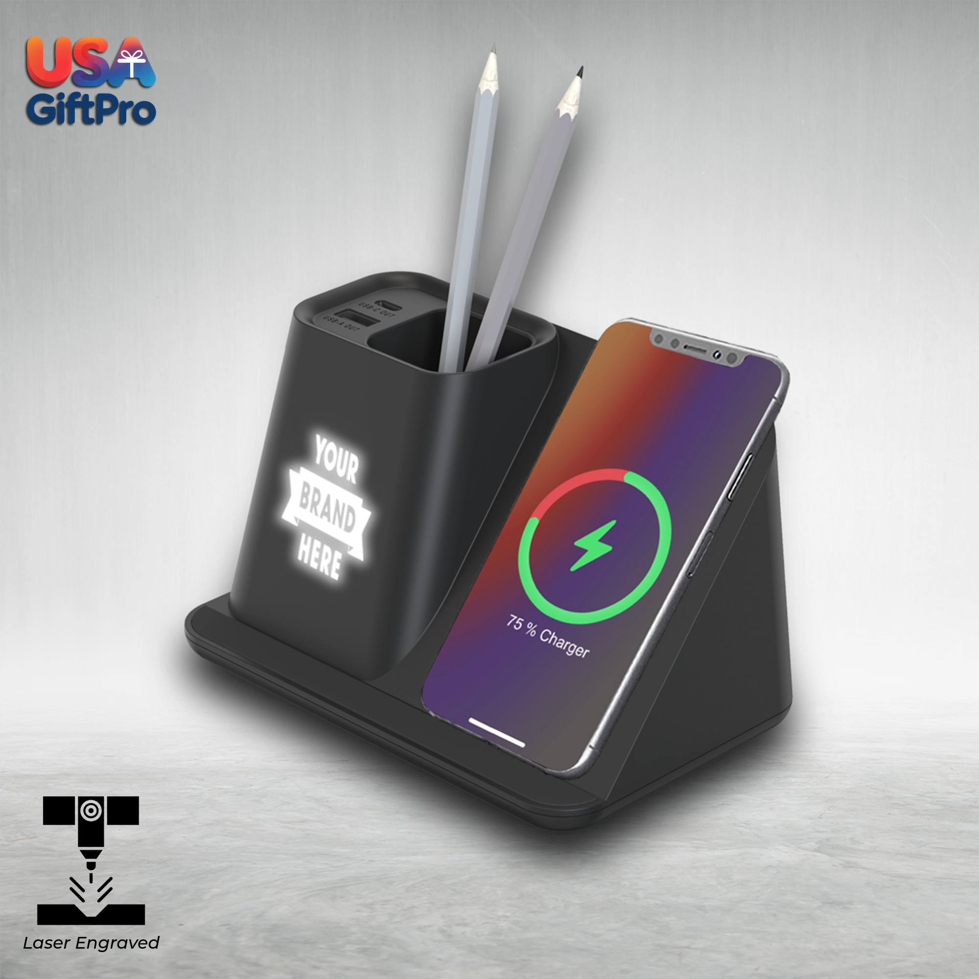 Customizable Desk Organizer with 10W Wireless Charger & Dual USB Outputs