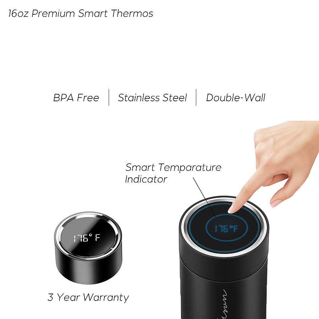 Premium 16oz Smart Thermos – Customizable Laser Engraved, Colorful Stainless Steel Travel Bottle